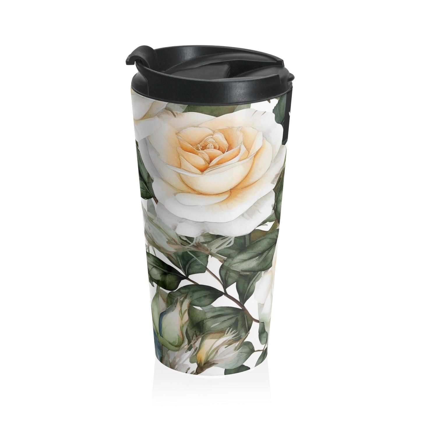White Rose Floral Pattern Stainless Steel Travel Mug