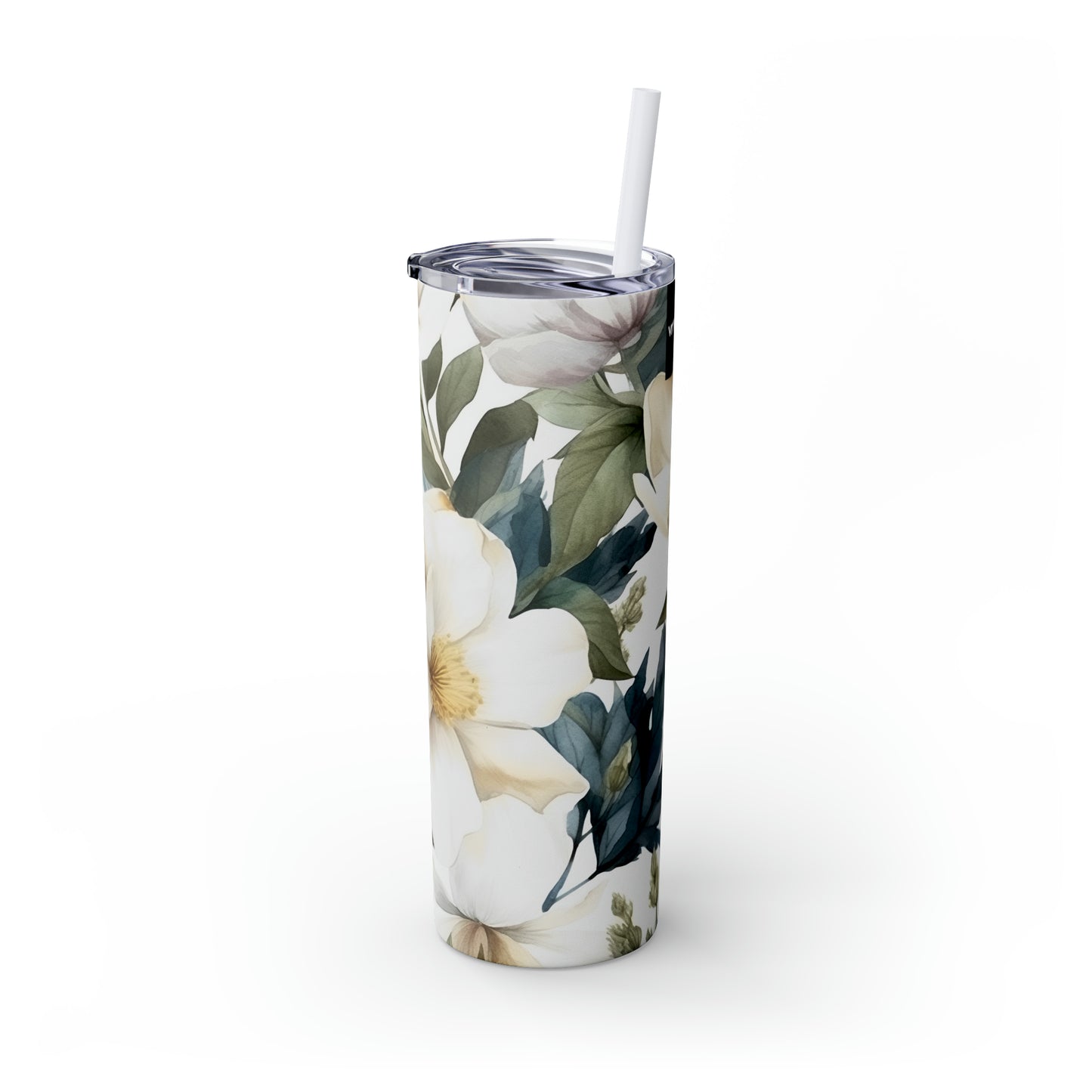 White Blue Floral Skinny Tumbler with Straw, 20oz
