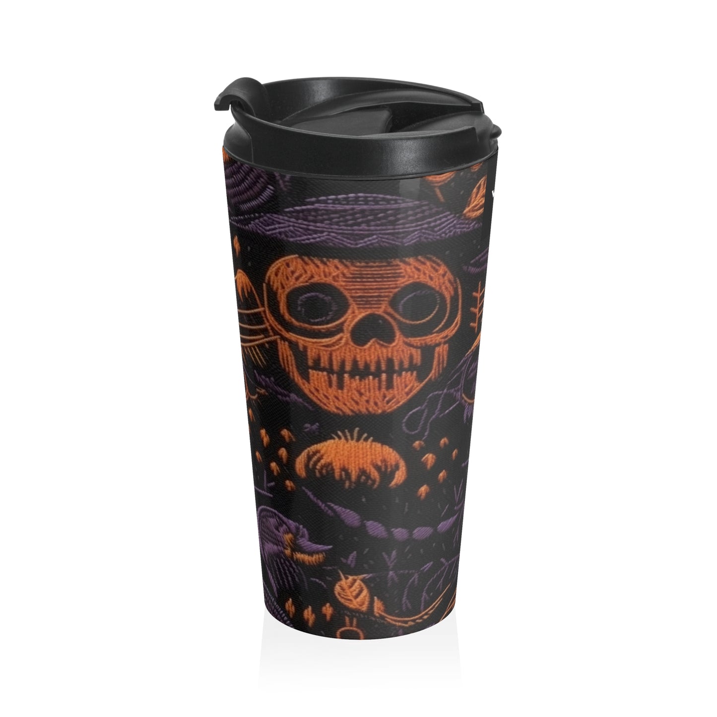 Embroidered Skull Black Purple Stainless Steel Travel Mug