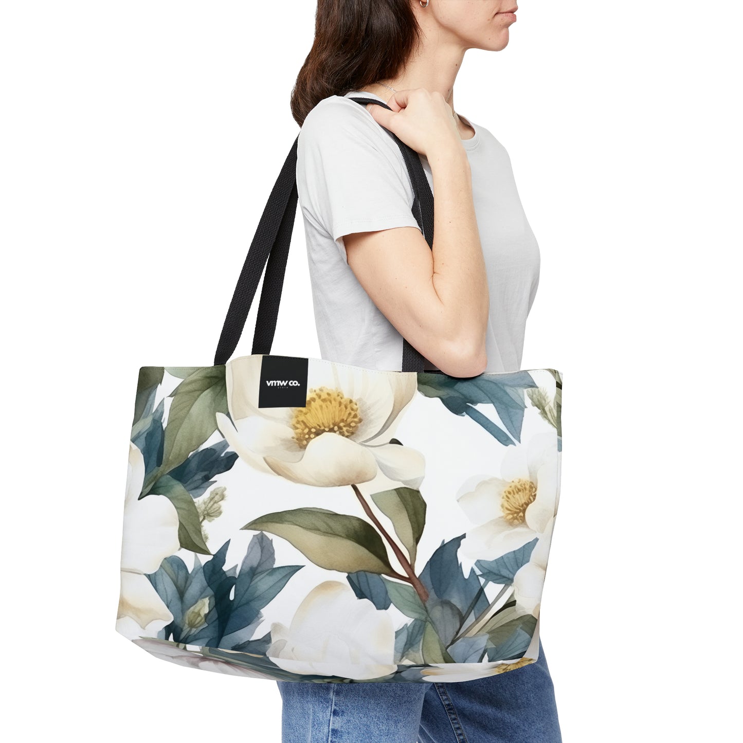 White Blue Floral Weekender Tote Bag
