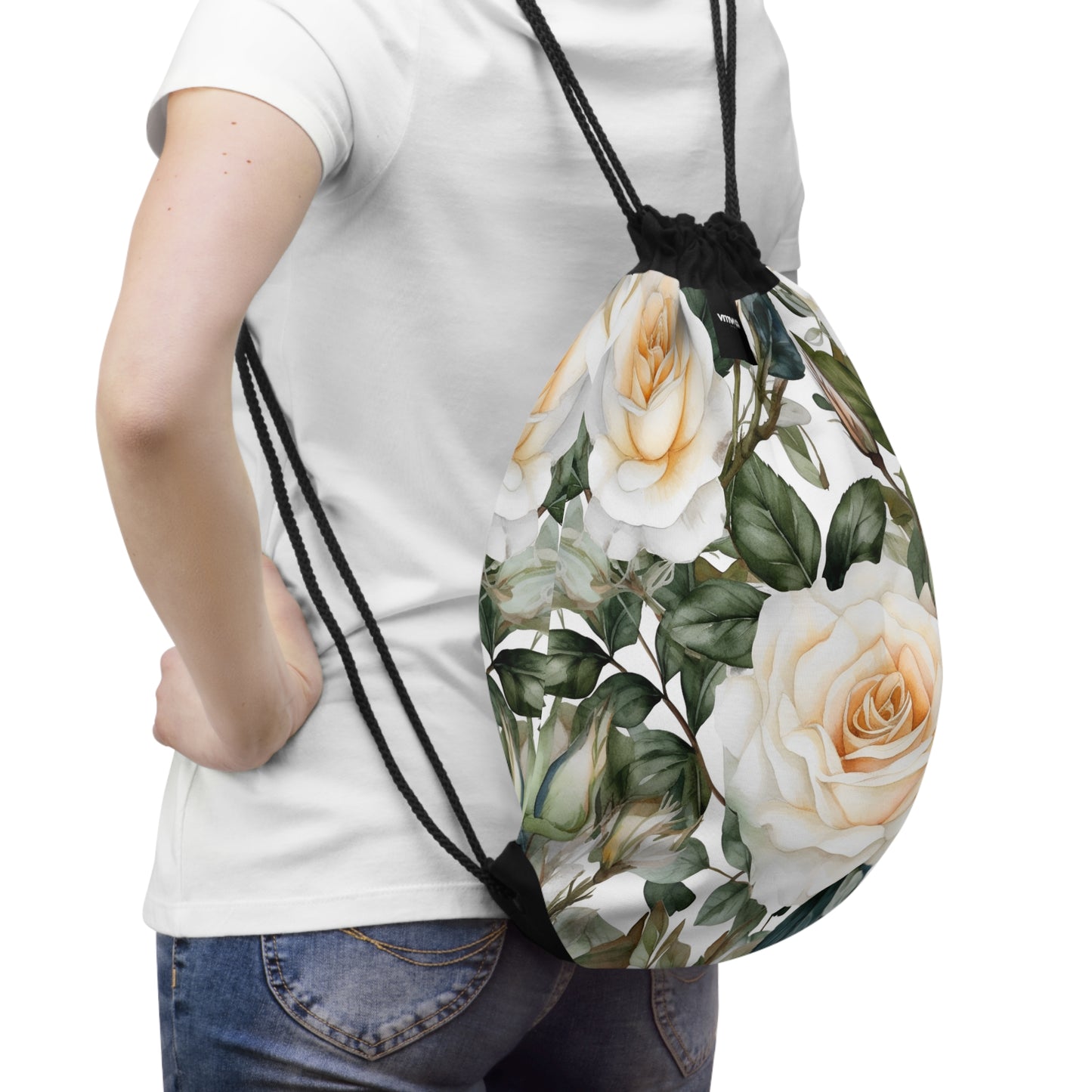 White Rose Floral Drawstring Bag