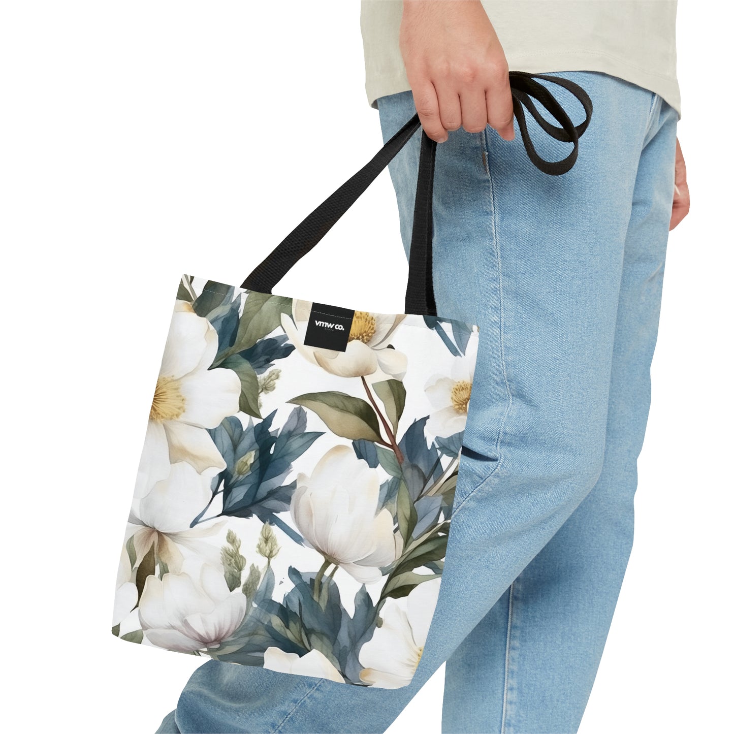 White Blue Floral Tote Bag
