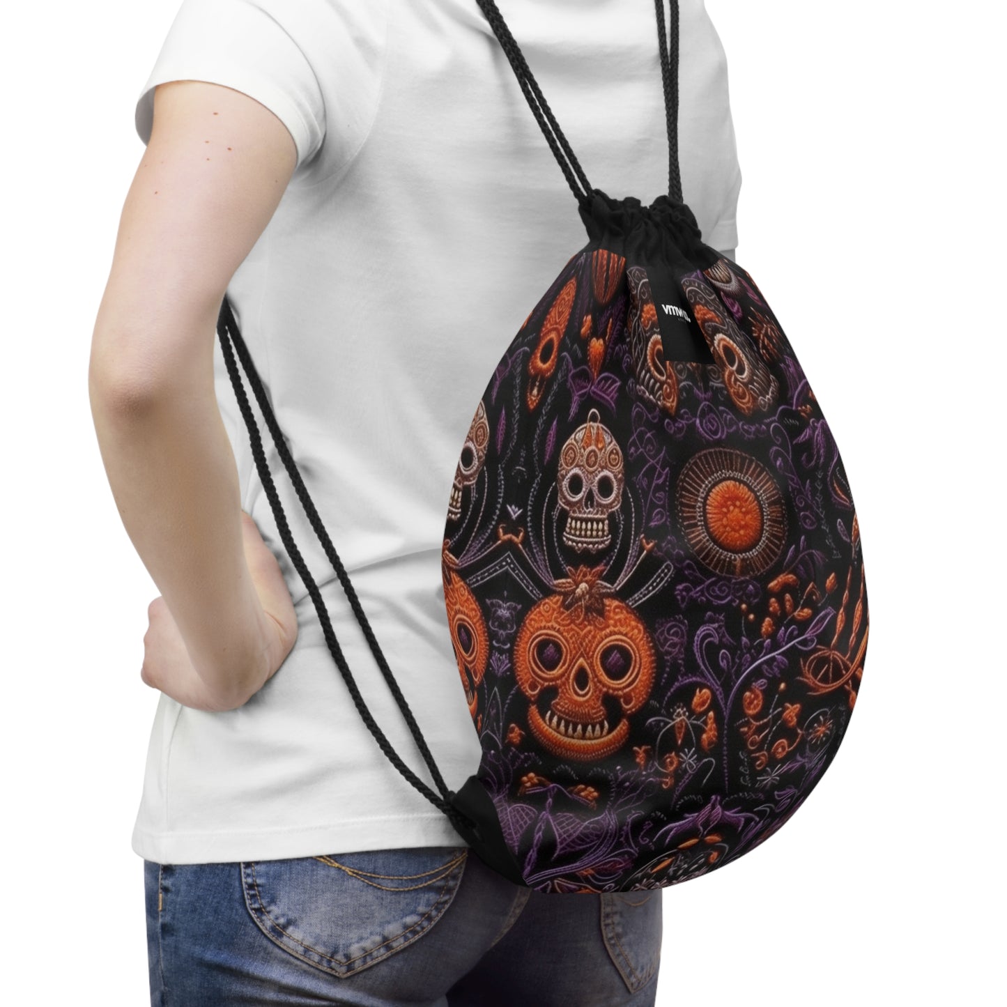 Halloween Orange and Purple Skulls Drawstring Bag