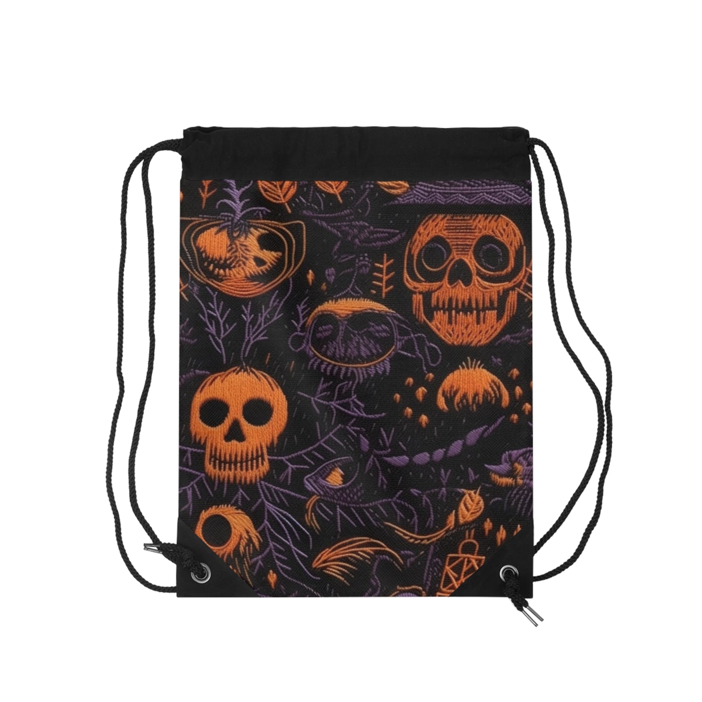 Embroidered Skull Black Purple Drawstring Bag