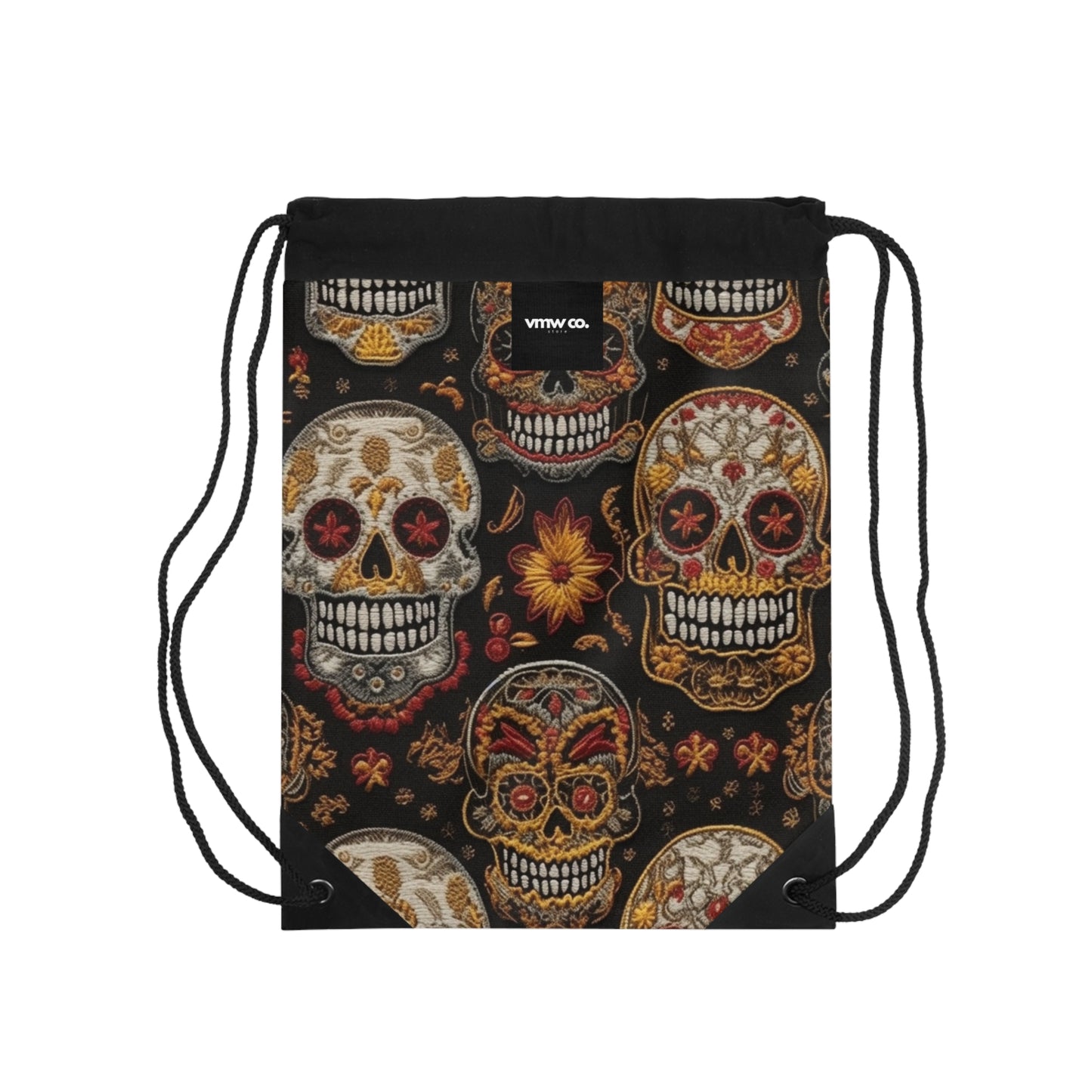 Embroidered Skulls Drawstring Bag