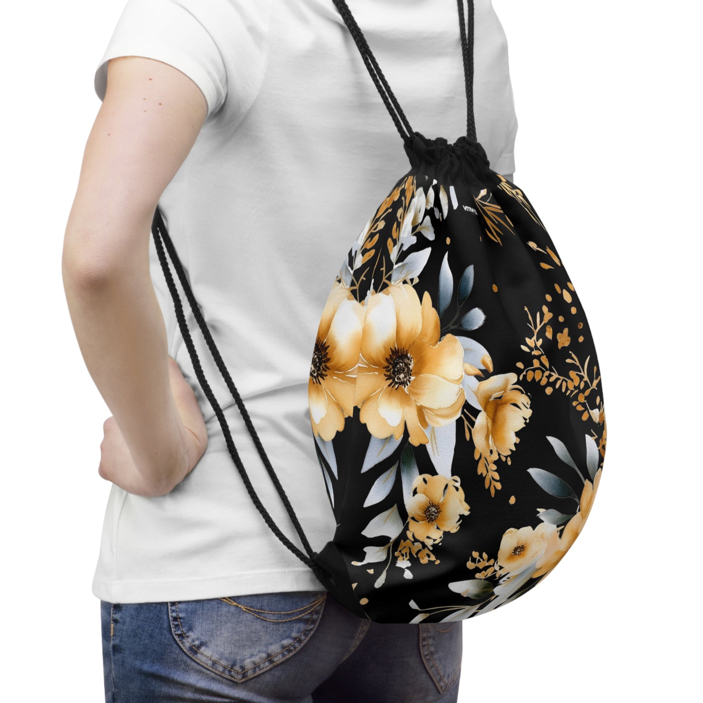 Golden Floral Drawstring Bag