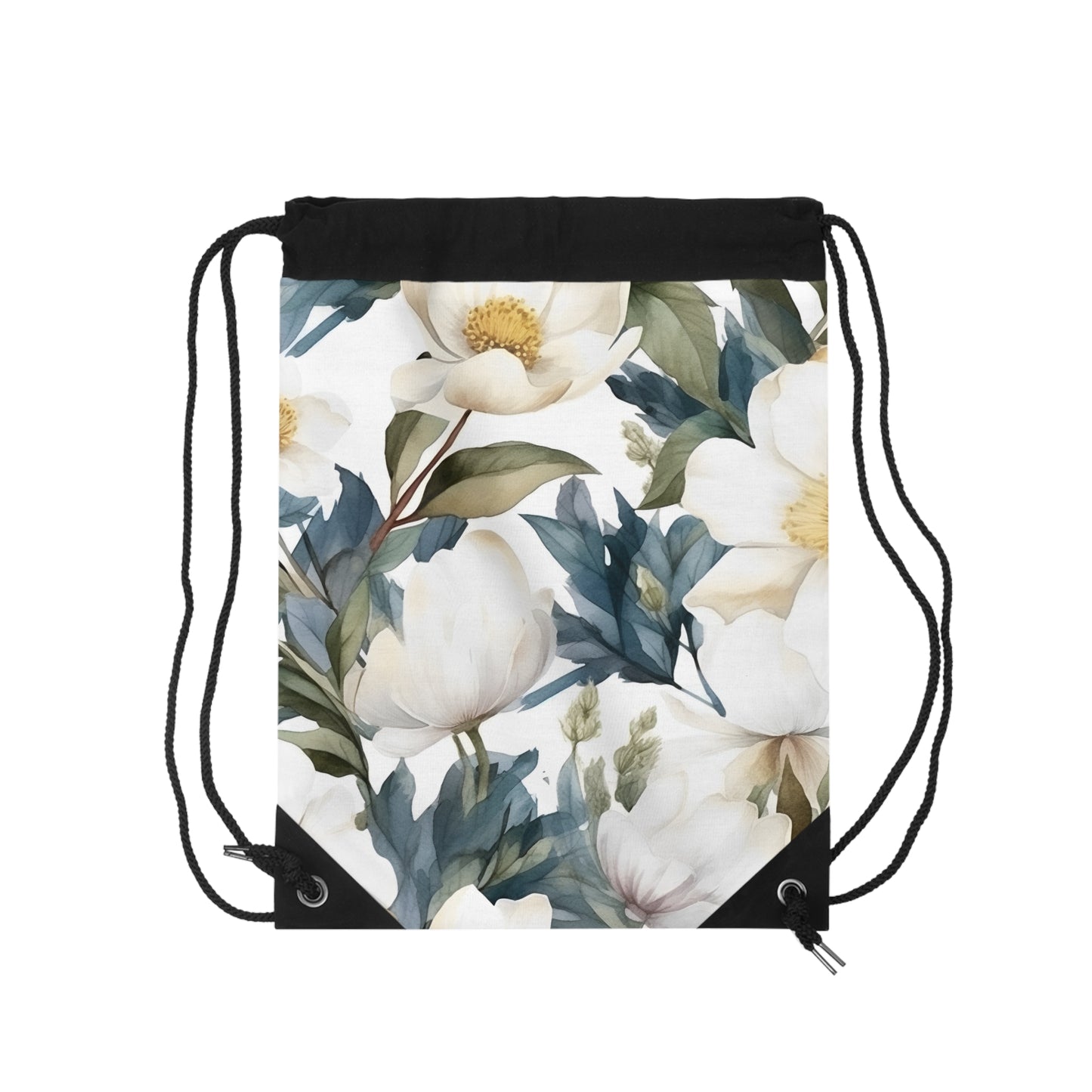 White Blue Floral Drawstring Bag