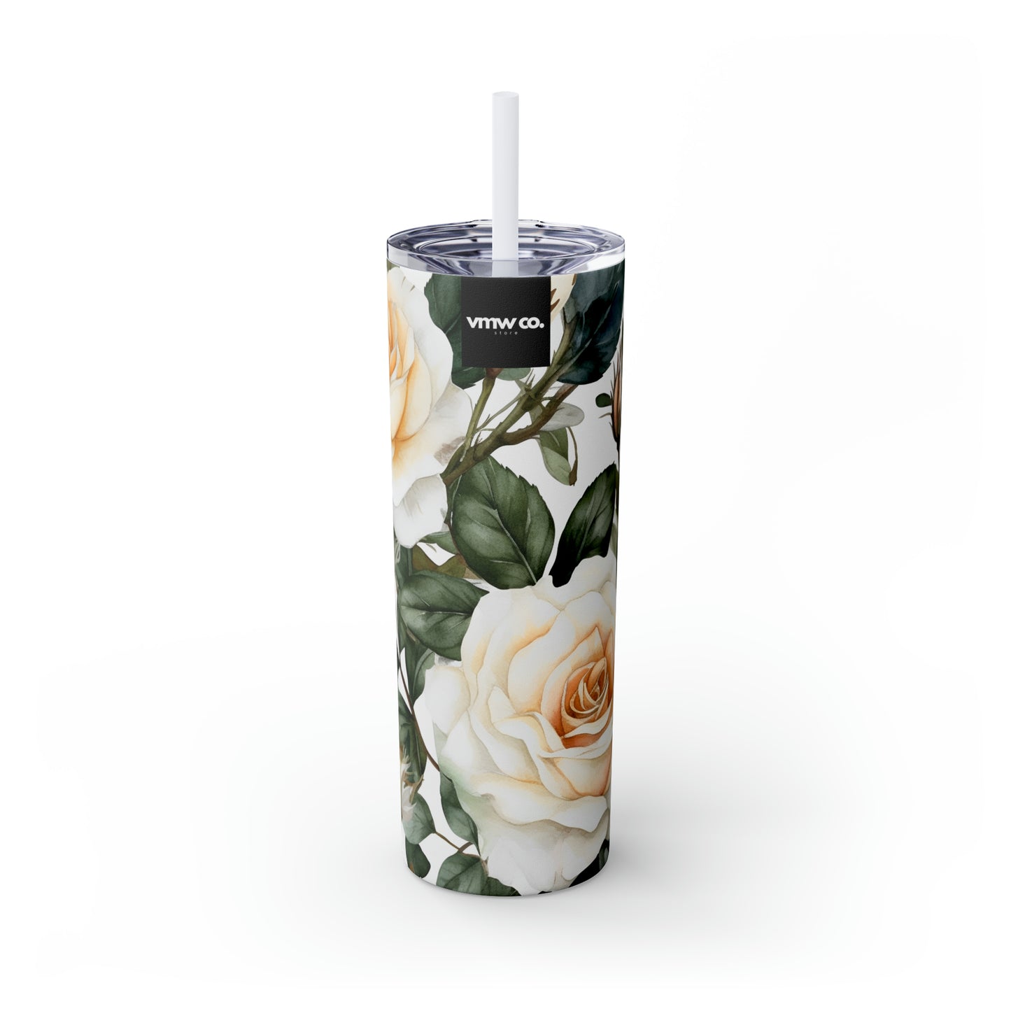White Rose Floral Skinny Tumbler with Straw, 20oz
