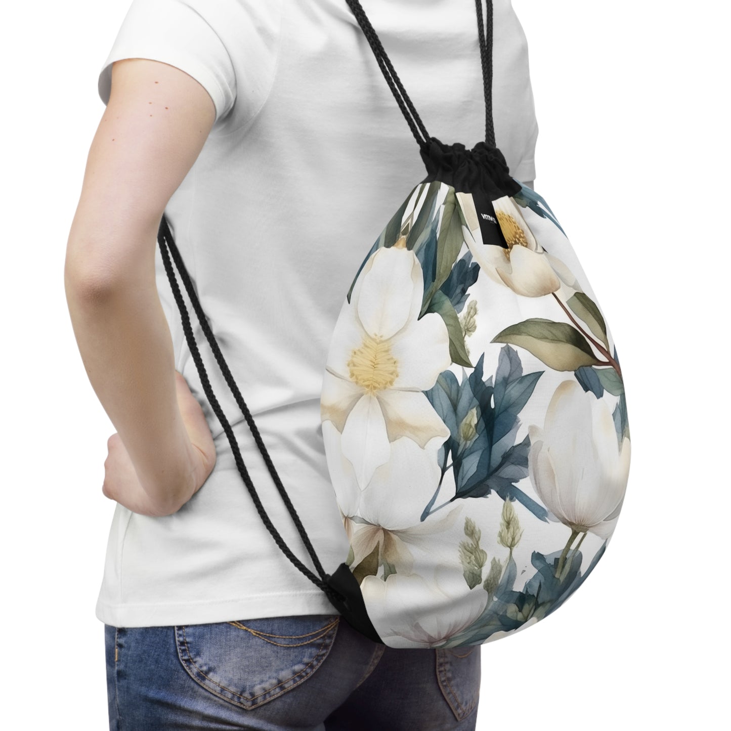 White Blue Floral Drawstring Bag