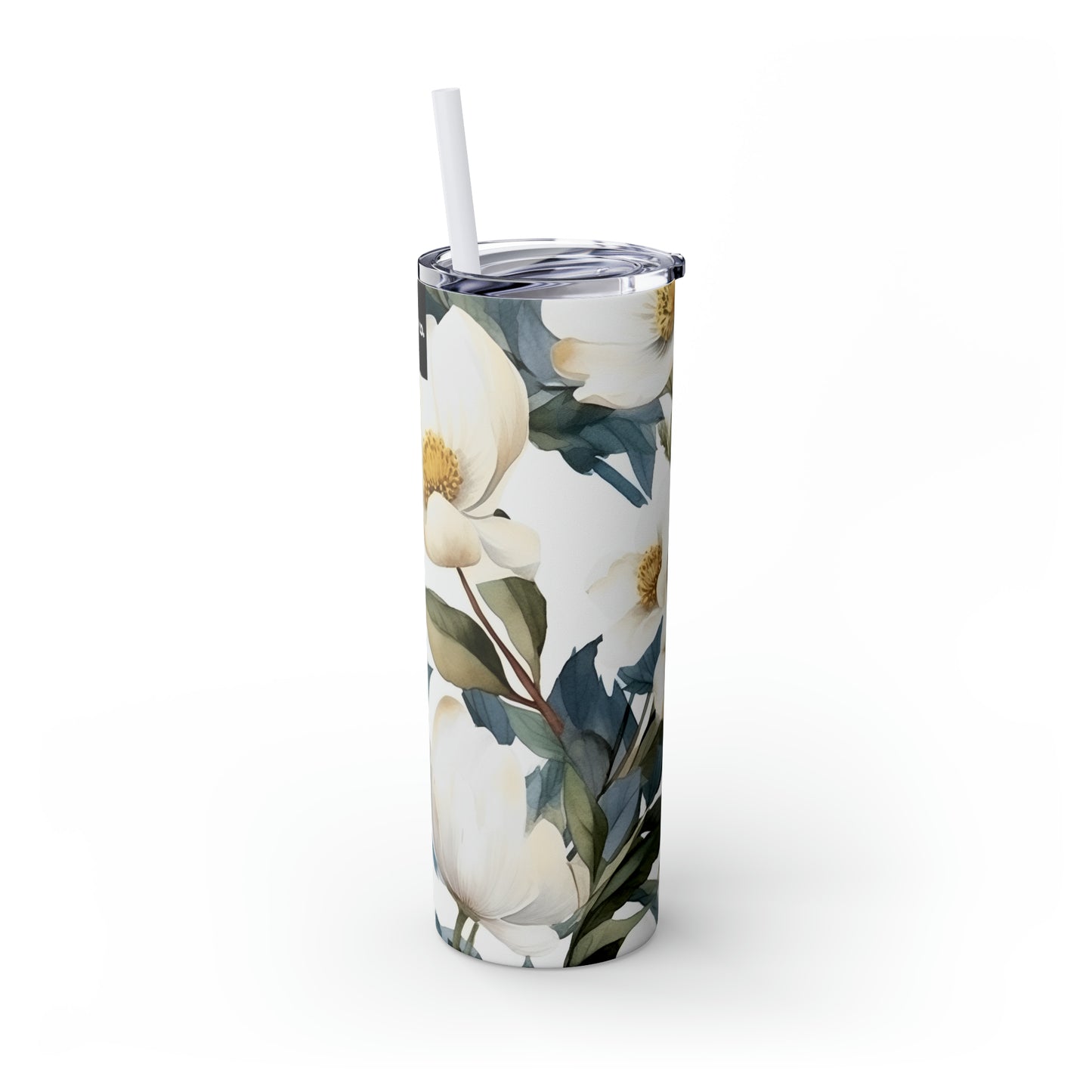 White Blue Floral Skinny Tumbler with Straw, 20oz