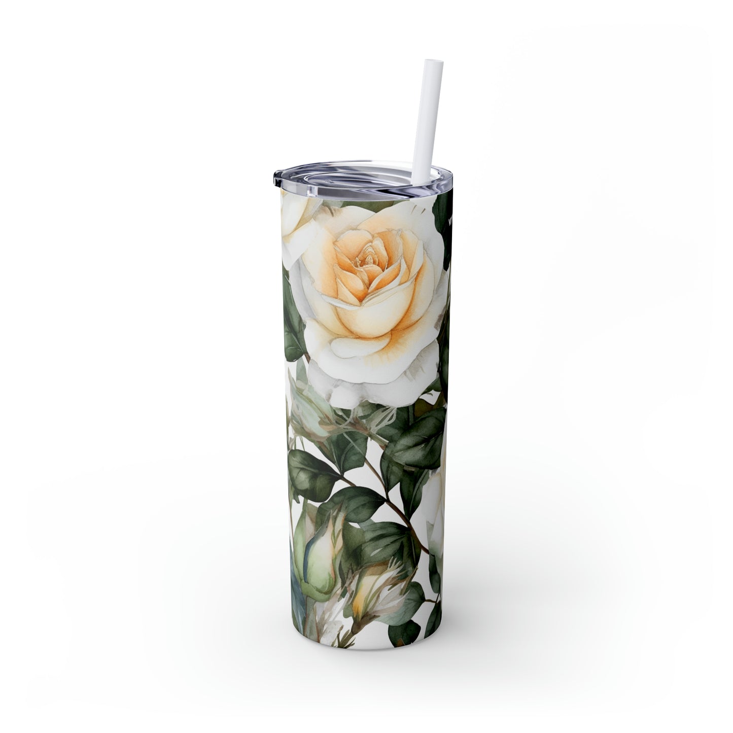 White Rose Floral Skinny Tumbler with Straw, 20oz